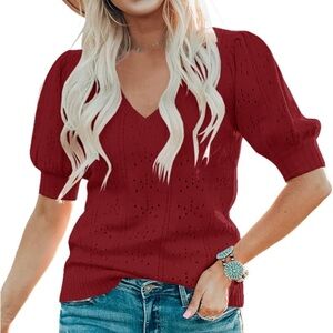 Women's Red V-neck Puff Short Sleeve Sweater Loose Knit Dot Pullover Burgundy